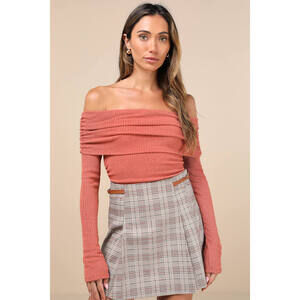 NWT Lulus Coveted Favorite Terracotta Textured Off-the-shoulder Top Pink, Size M